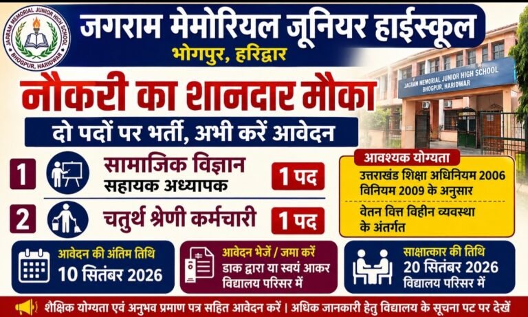जगराम मेमोरियल स्कूल में नौकरी का मौका, शिक्षक समेत दो पदों पर भर्ती